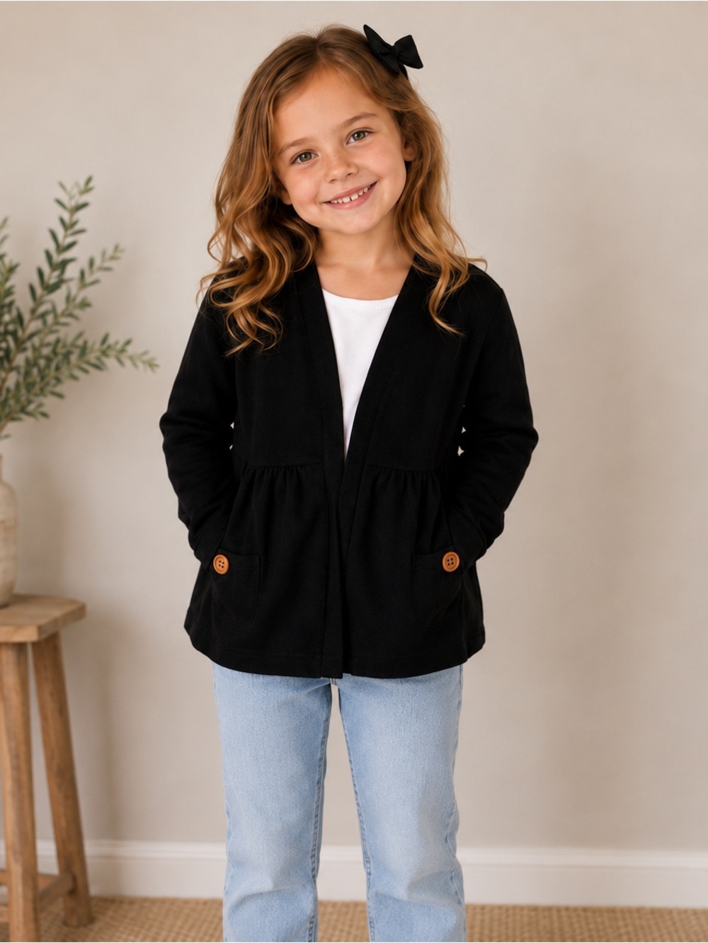 Girl August Black Button-Pocket Cardigan